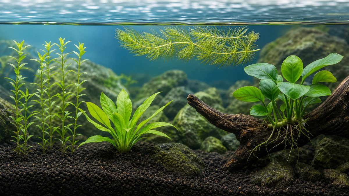 有茎草・ロゼット型・浮遊性水草・活着系を別々に扱う4つの水景