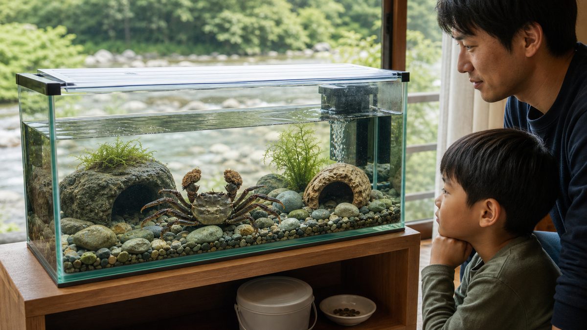 安全な水槽で暮らすモクズガニを家族が静かに観察する様子