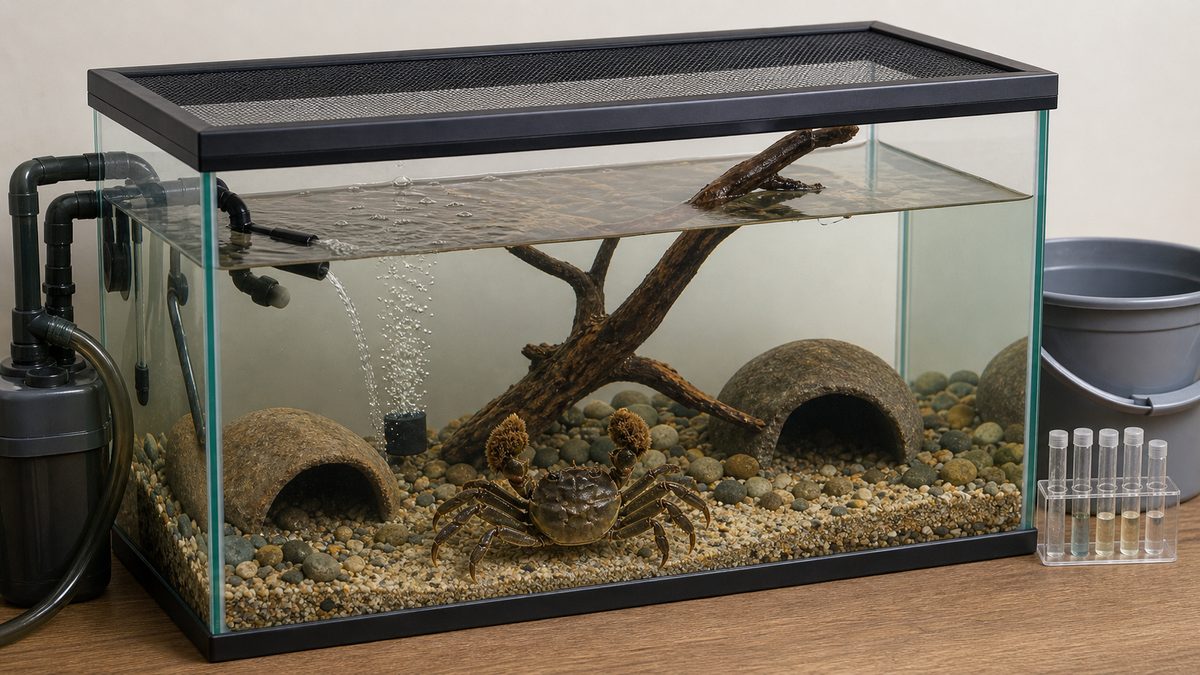 フタとろ過とエアレーションと隠れ家を備えたモクズガニの飼育水槽
