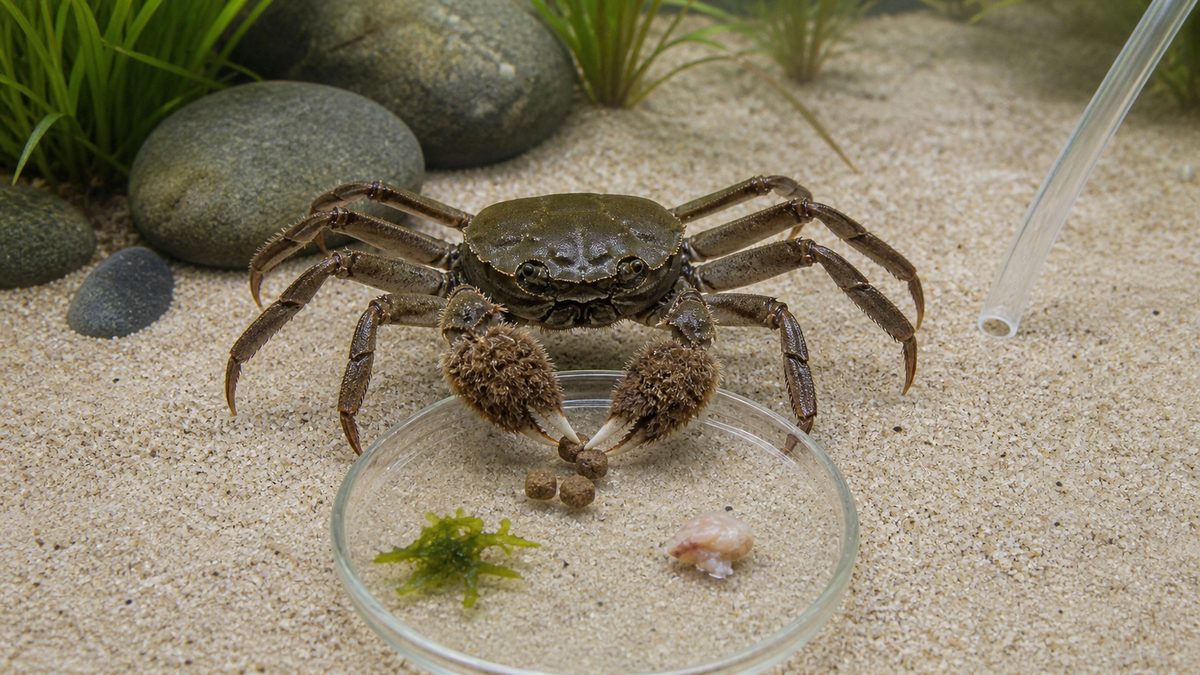 少量の沈下性ペレットと植物質の餌を食べるモクズガニ