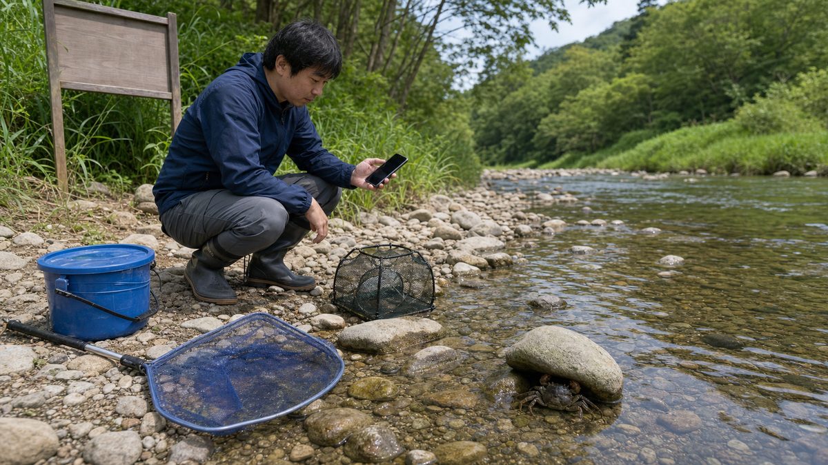 地域の採集ルールを確認してから川辺でモクズガニを観察する様子