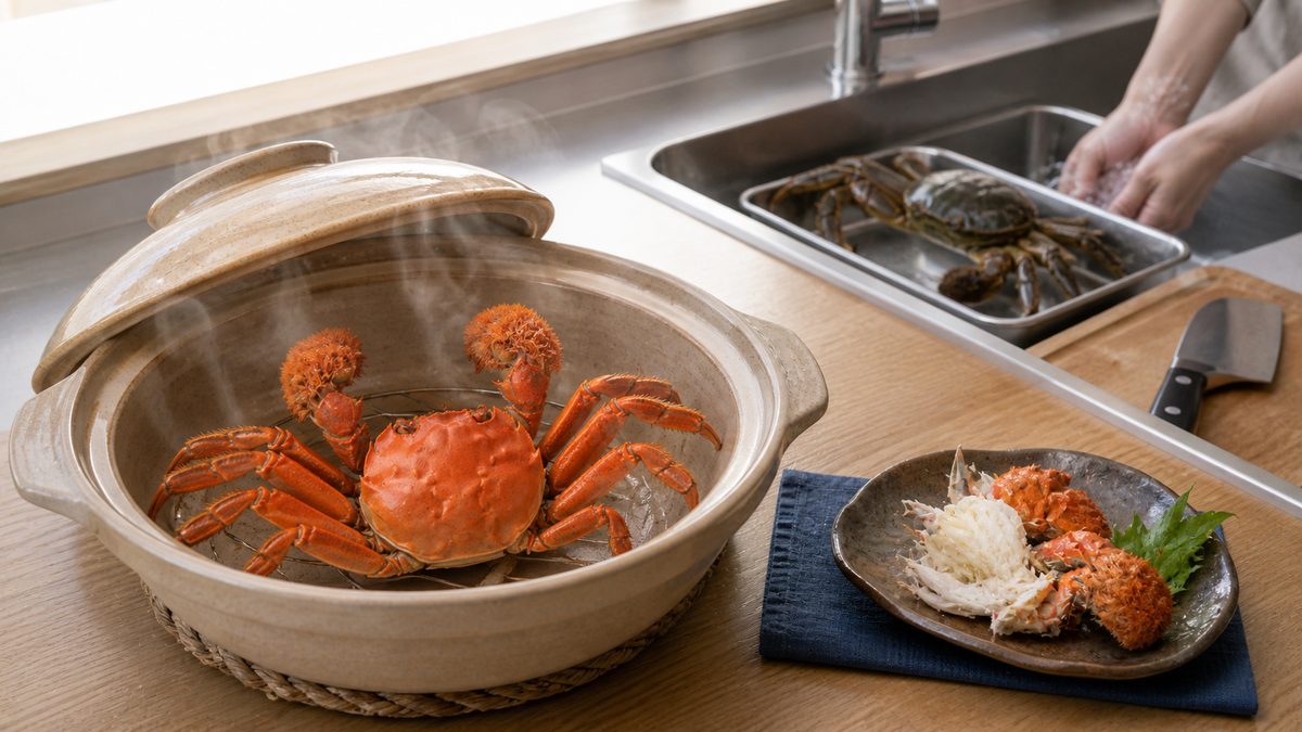 十分に加熱したモクズガニ料理と分離された下処理スペース