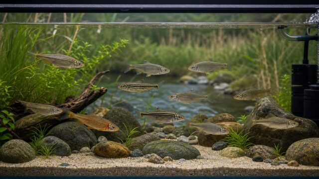 日本淡水魚のモロコ類が群泳する水槽と飼育環境を示した画像