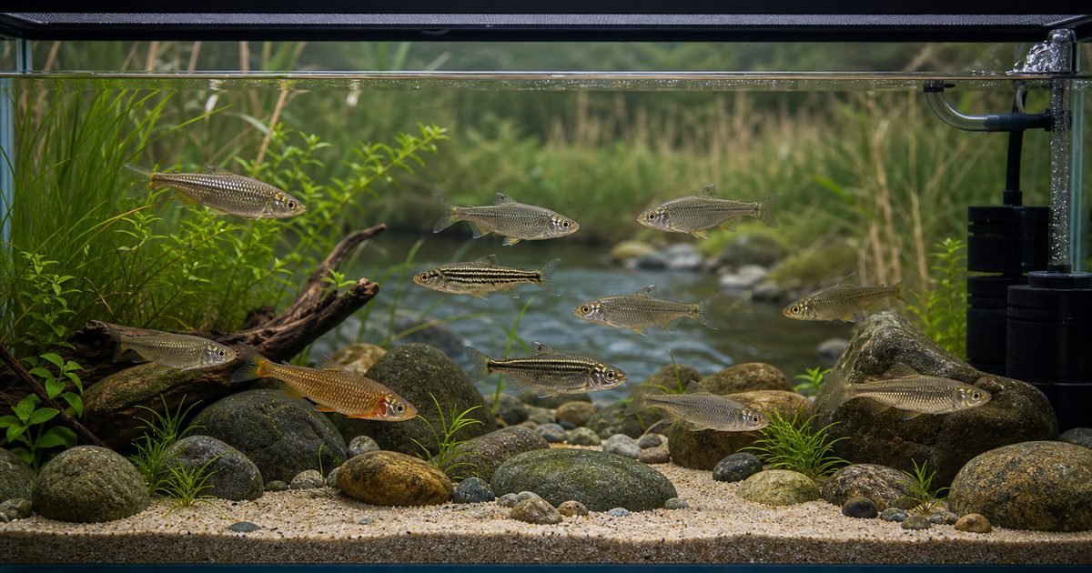 日本淡水魚のモロコ類が群泳する水槽と飼育環境を示した画像