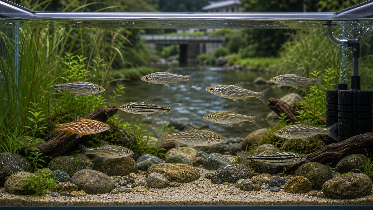 日本産小型コイ科のモロコ類が群れで泳ぐ水槽画像