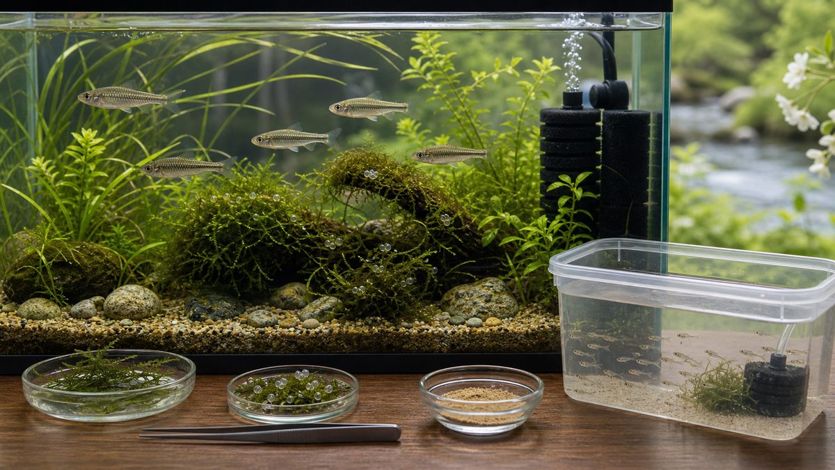 水草の卵・稚魚容器・親魚水槽でモロコ類の繁殖を示す画像