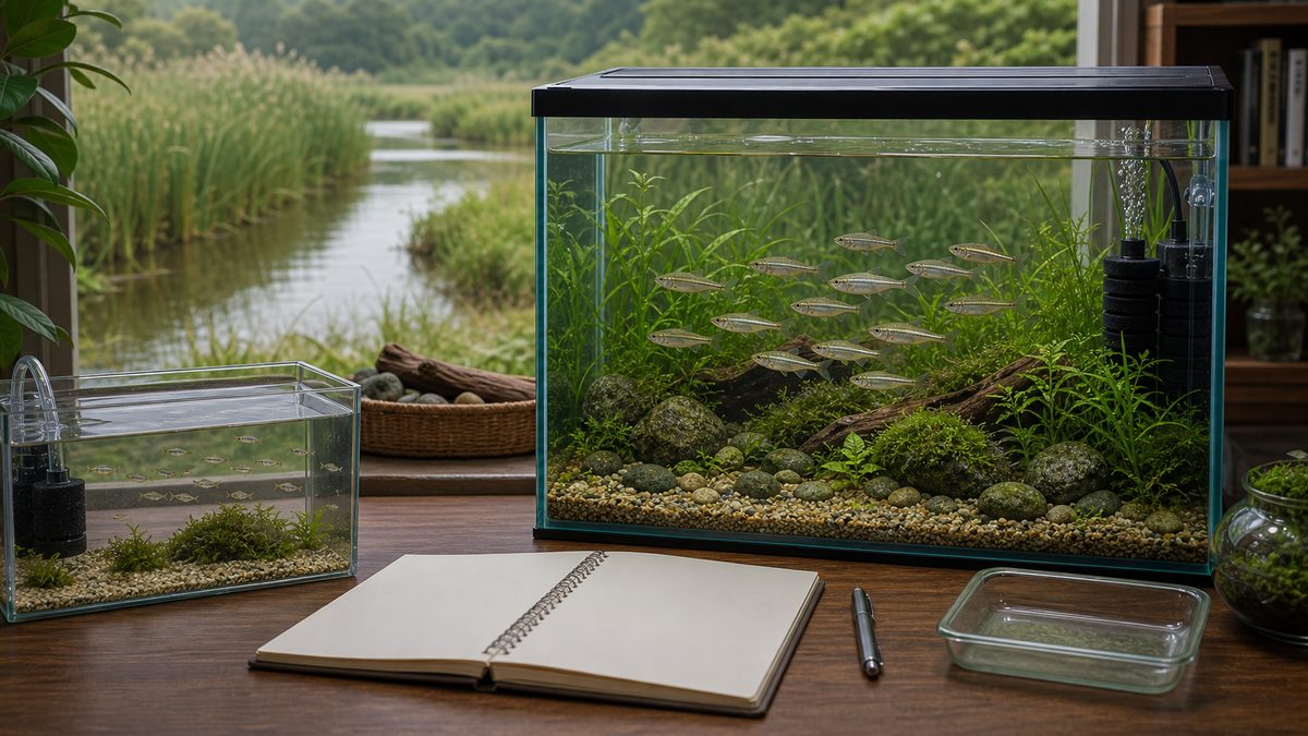 飼育水槽・稚魚容器・白紙ノート・ヨシ帯背景でモロコ類の保全を示す画像