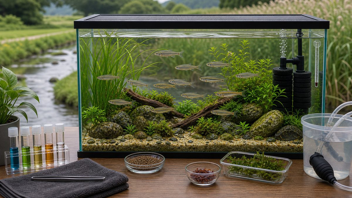 モロコ類の群泳水槽と基本用品を一枚にまとめた画像