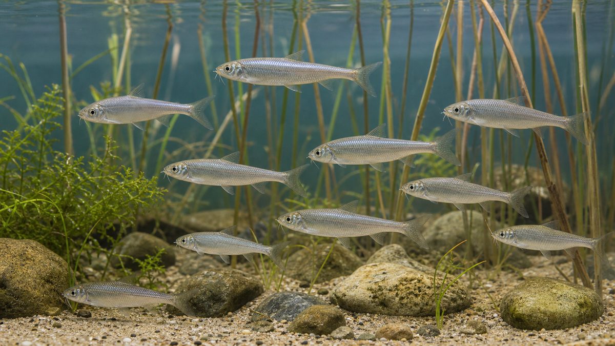 琵琶湖のヨシ帯風水槽で細長いホンモロコが群泳する画像
