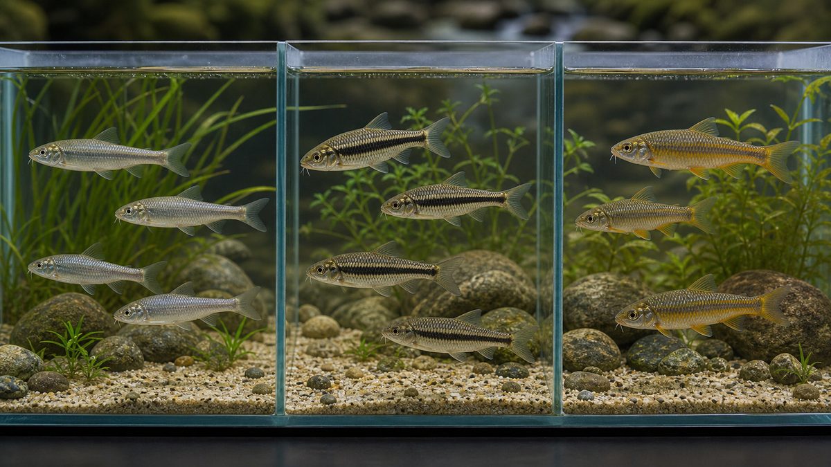 ホンモロコ・タモロコ・スゴモロコを三つの水槽区画で比較する画像