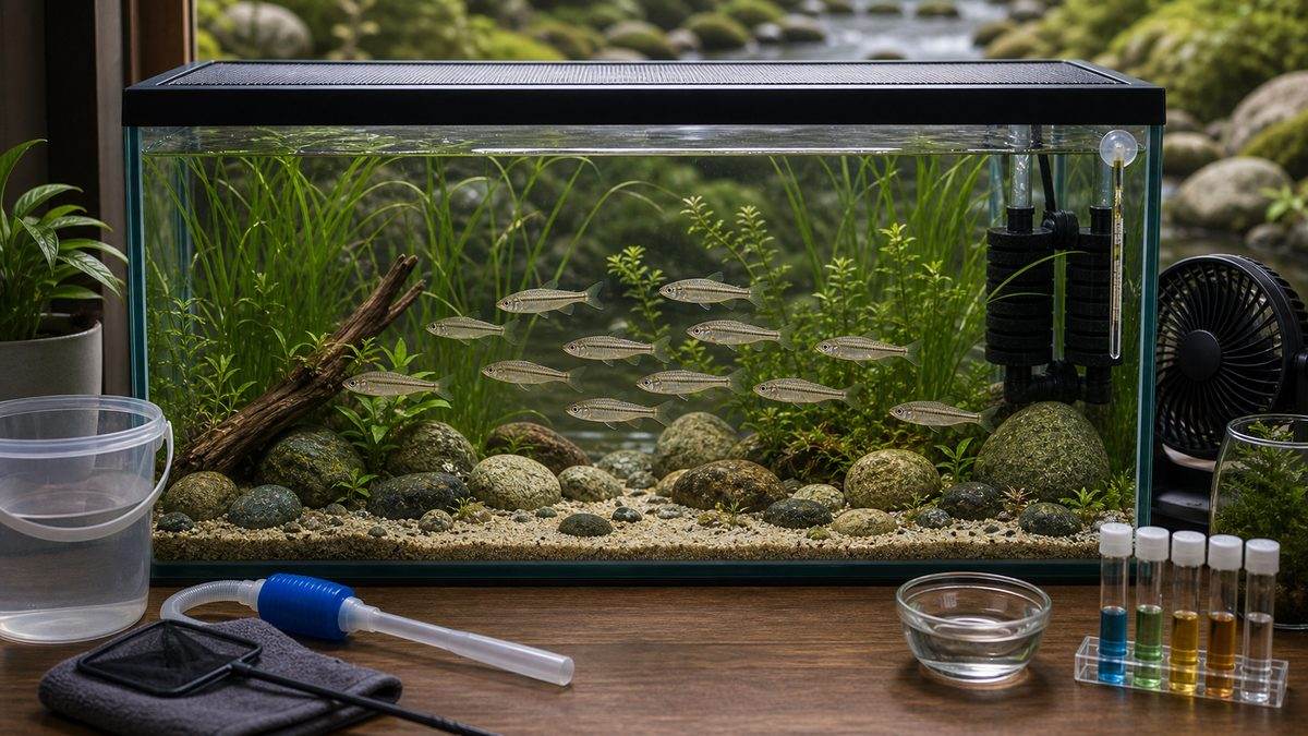蓋付き水槽・川砂・水草・フィルターでモロコ類の飼育環境を示す画像