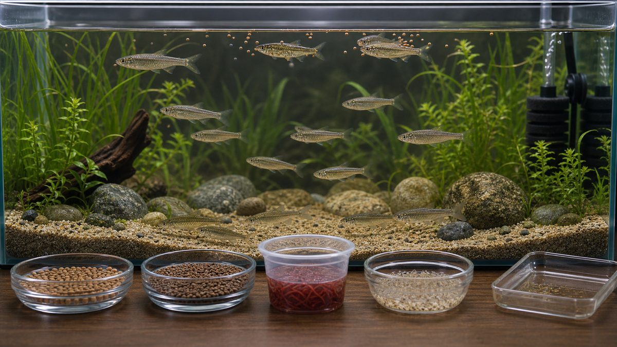 モロコ類の浮上餌・沈下餌・冷凍餌を水槽前で示す画像
