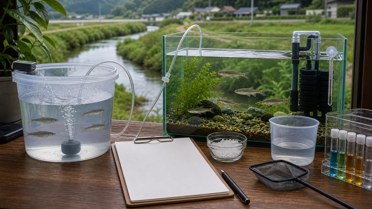 輸送容器・隔離水槽・点滴水合わせでモロコ類の導入手順を示す画像