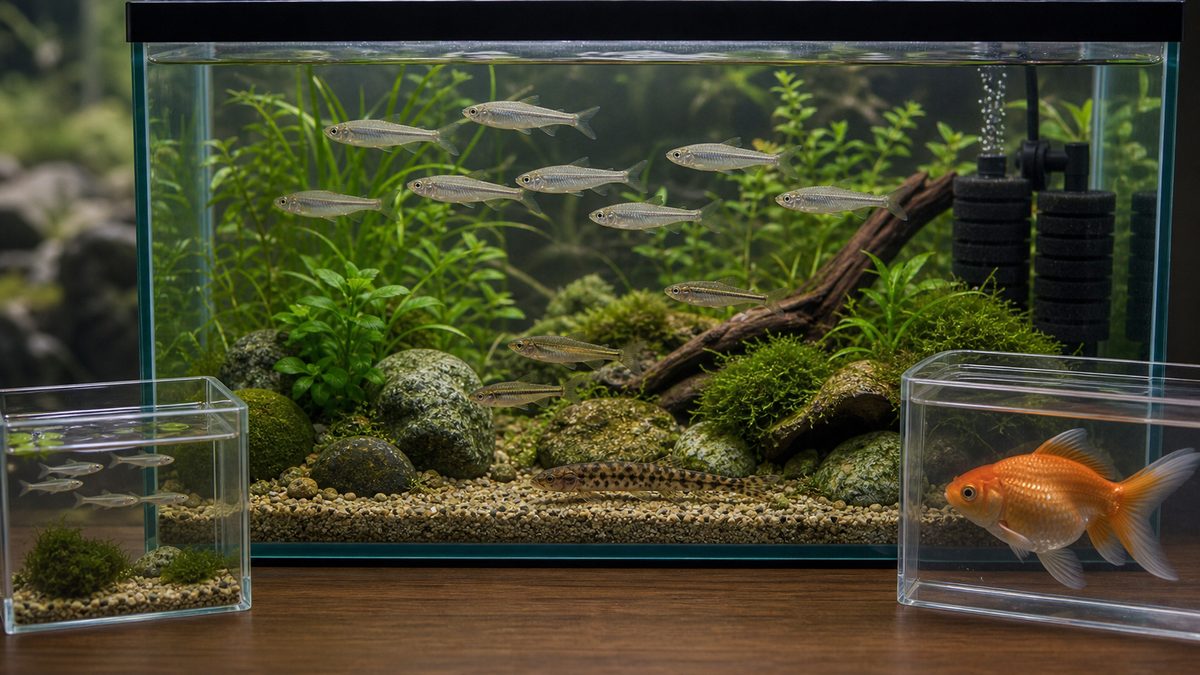 モロコ類と底生魚の水槽、別容器の小魚と金魚で混泳相性を示す画像
