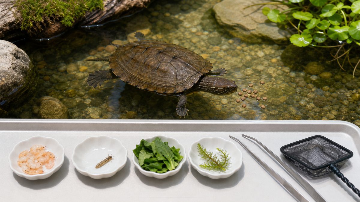 配合飼料を中心に小エビ・昆虫・葉物を少量用意したイシガメの餌