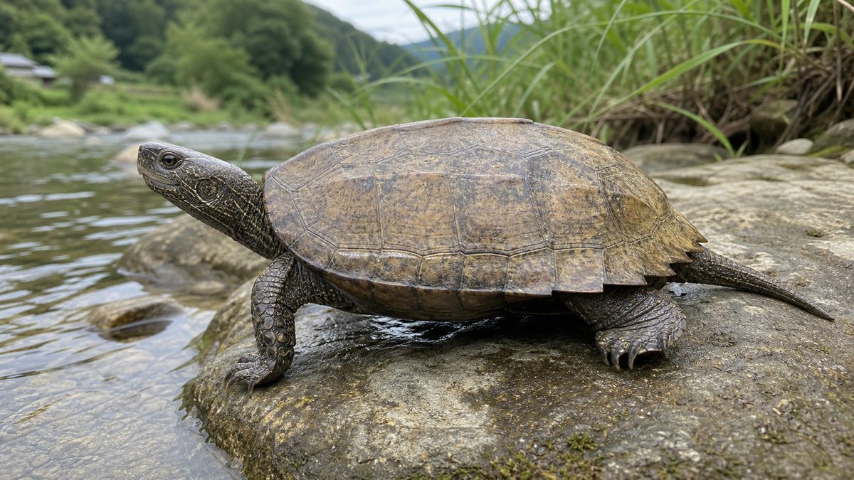 日本の水辺に立つニホンイシガメの全身と甲羅・頭部・水かき