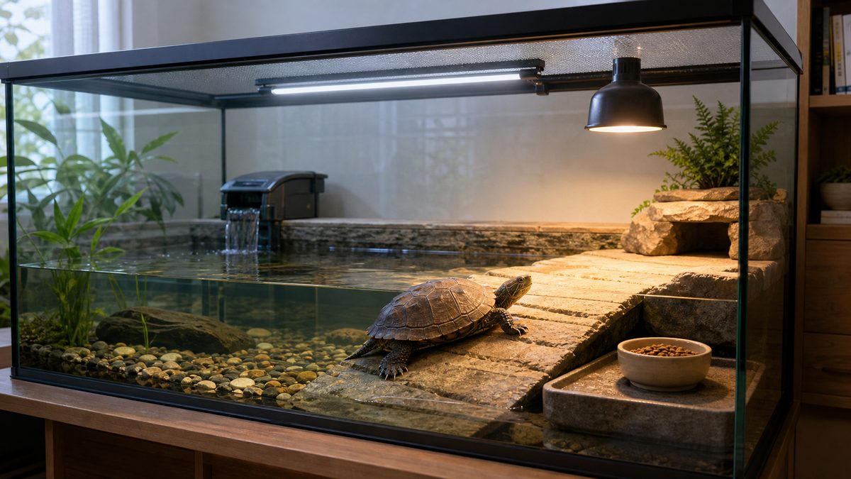 水場・陸場・照明・ろ過・餌を整えたニホンイシガメの飼育環境