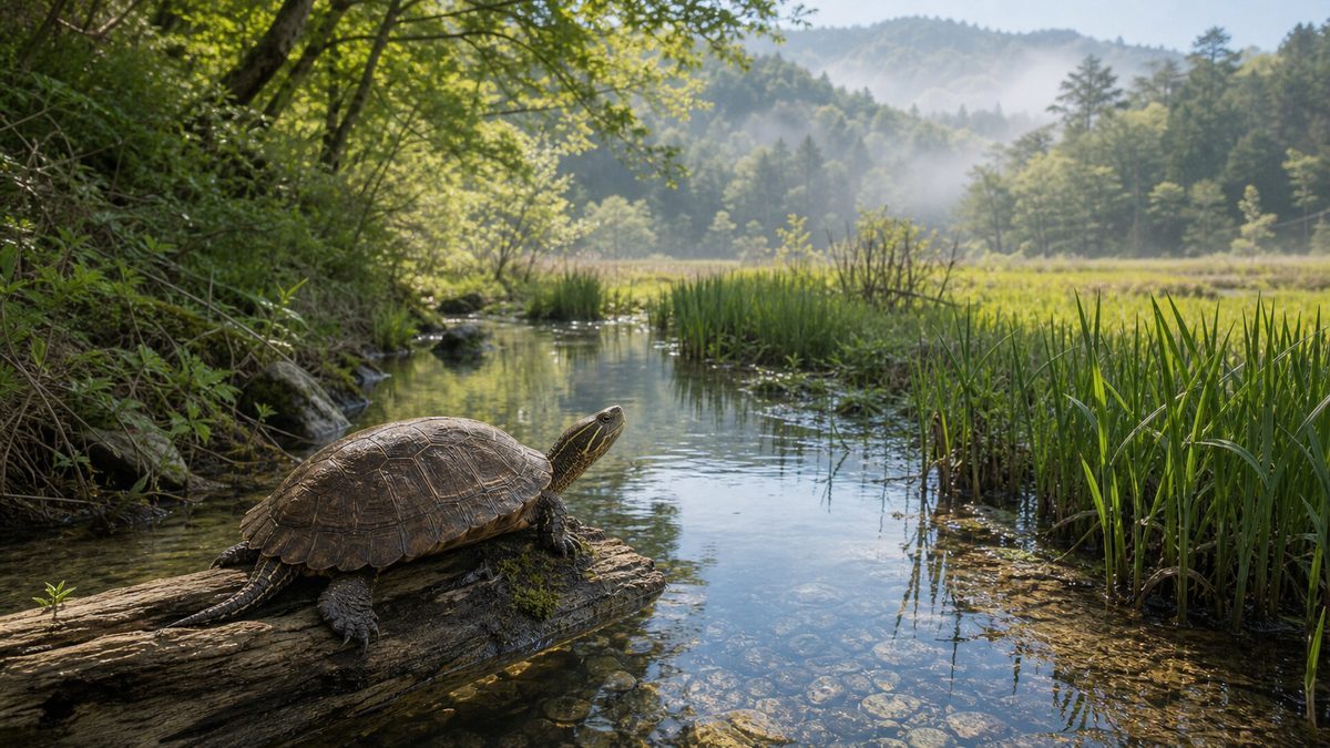 日本の里山の小川と水田湿地で暮らす野生のニホンイシガメ
