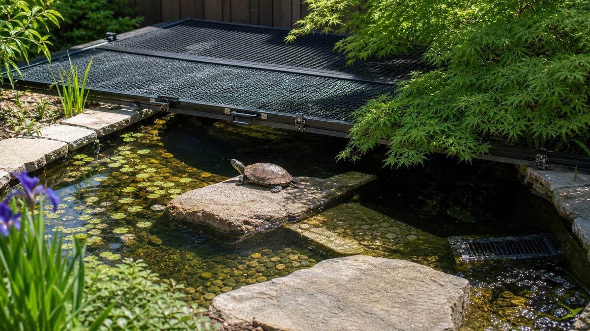 日向・日陰・乾いた陸場・網蓋を備えたニホンイシガメの屋外池