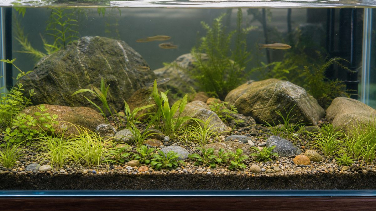前景に配置する低く育つ水草を植えた日淡水槽