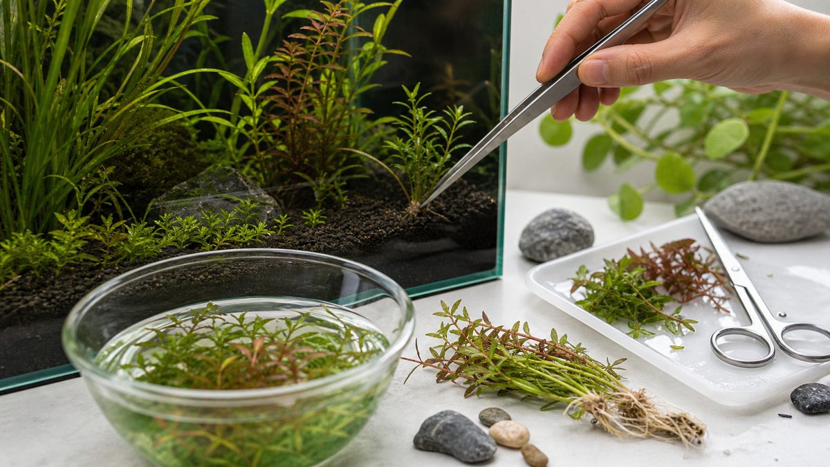 水草の下準備と植え方を示すピンセット作業の様子