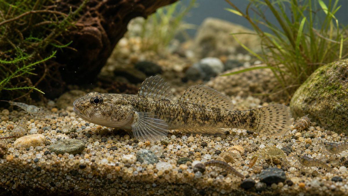 砂と小石の底で休むヌマチチブの生態を示す水槽画像