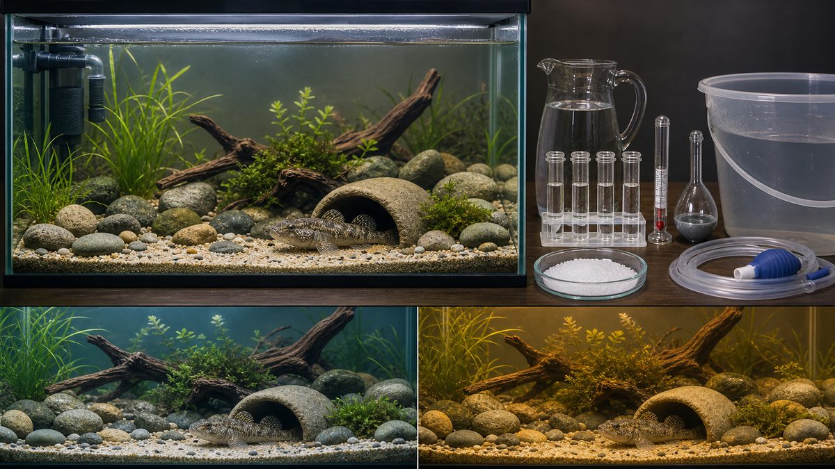 ヌマチチブ水槽と水質検査用品で淡水と汽水管理を示す画像