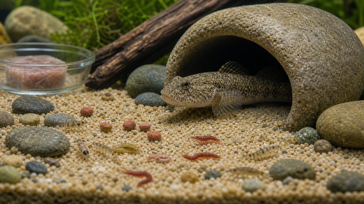 石の隠れ家から出るヌマチチブと沈下性の餌を示す画像