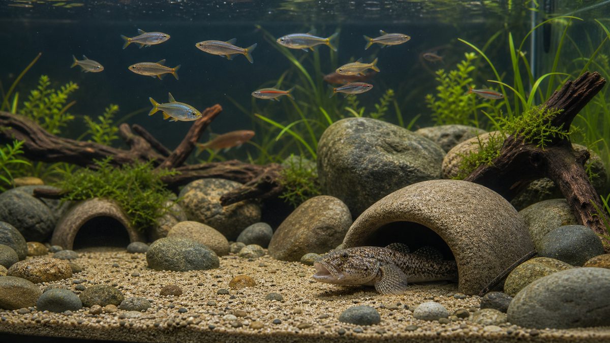 洞窟を守るヌマチチブと上層を泳ぐ魚の距離感を示す画像