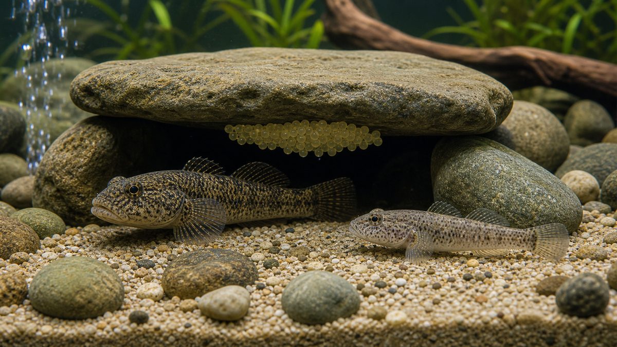 石の下の卵を守るヌマチチブの繁殖環境画像