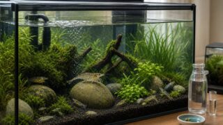大きさの異なるヌマエビ類がコケやモスを利用し、ろ過・エアレーション・隠れ家を備えた成熟水槽