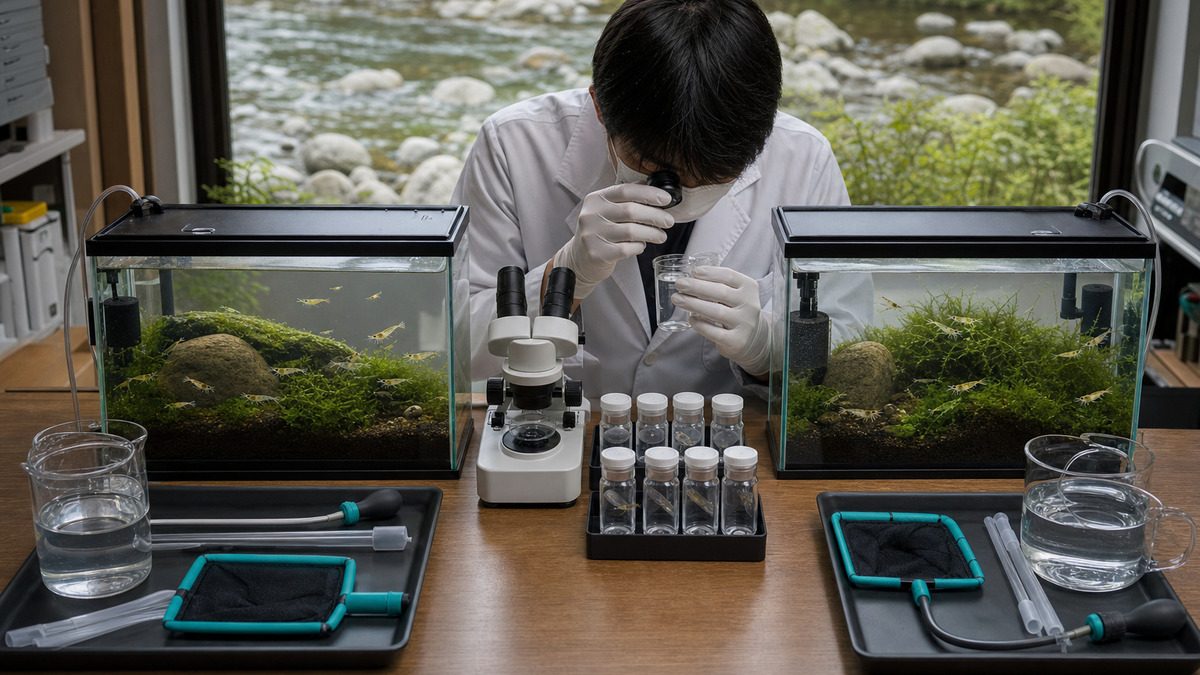 よく似たヌマエビ類を二つのフタ付き観察水槽と専用器具に分け、拡大観察する研究者