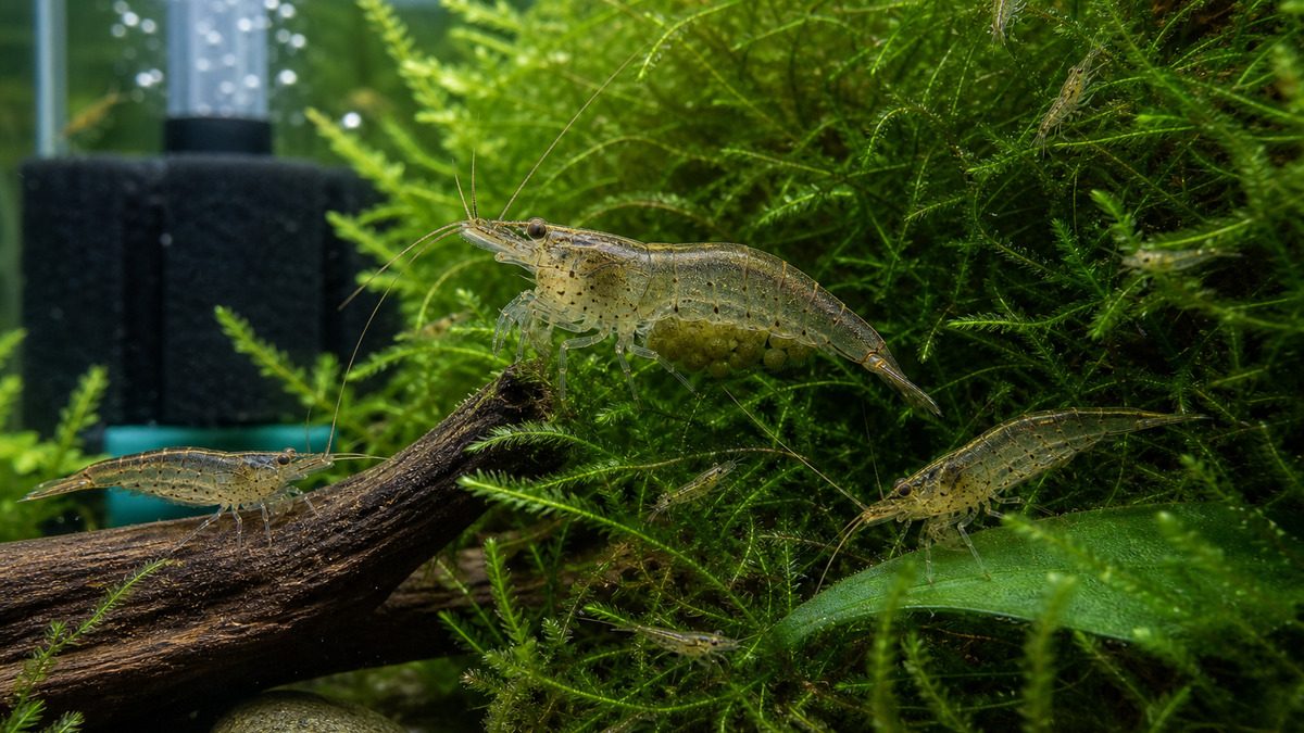 成熟したモス水槽で抱卵メスが卵を守り、親と同じ姿の小さな稚エビが隠れる様子