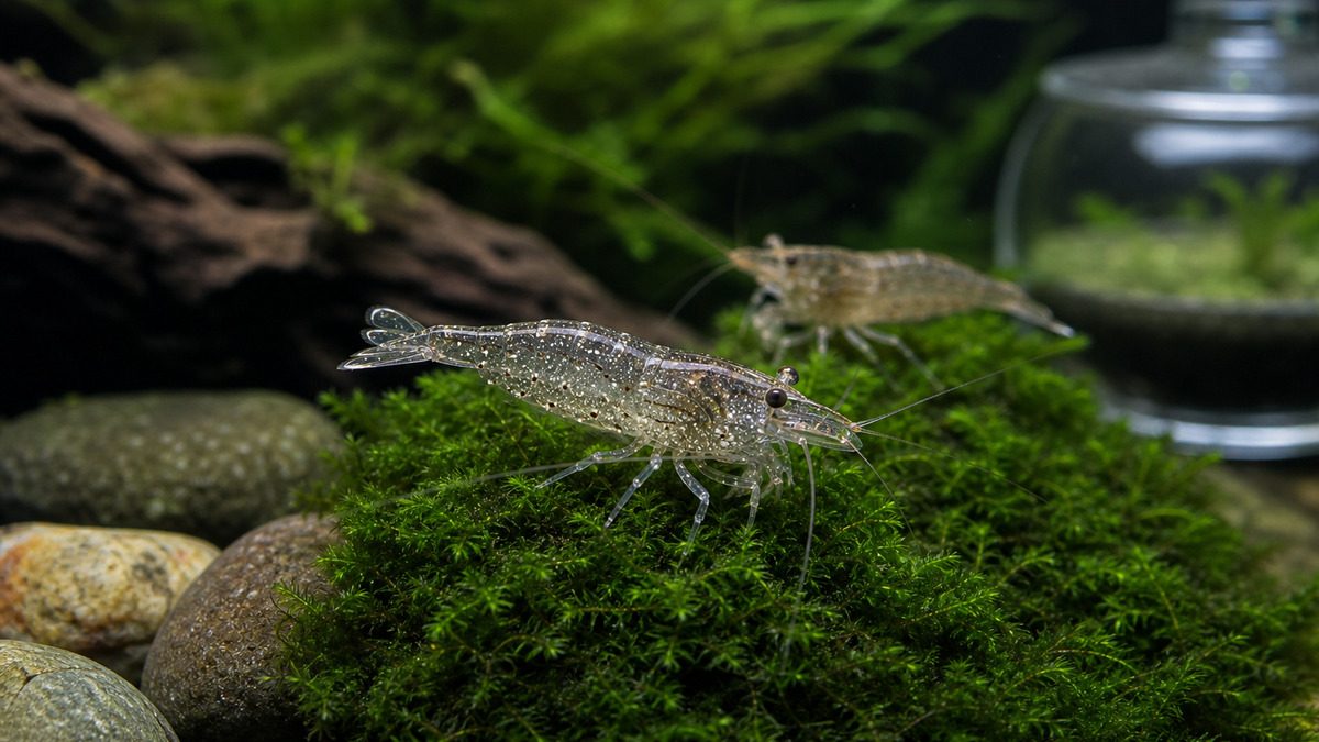 透明感のある体に細かな白い斑点を持つヌマエビが、モスと下流域を思わせる石の上で採餌する様子