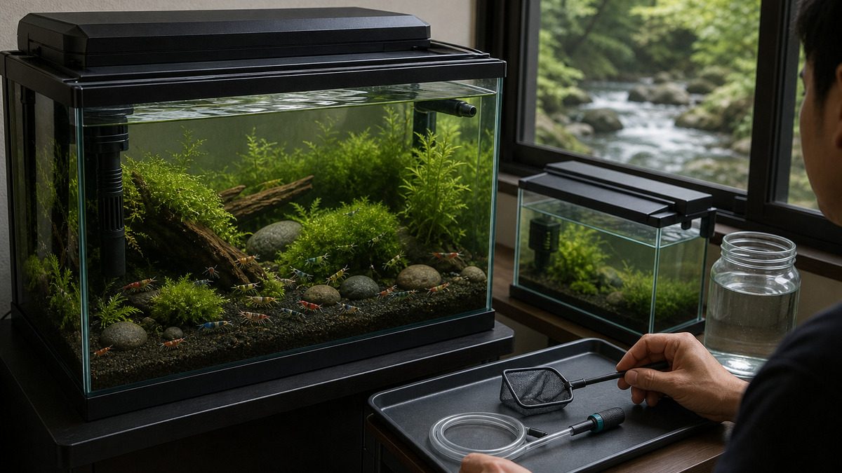 色彩変異のあるヌマエビをフタ・吸水口保護・専用器具・別の予備水槽で屋内管理する様子