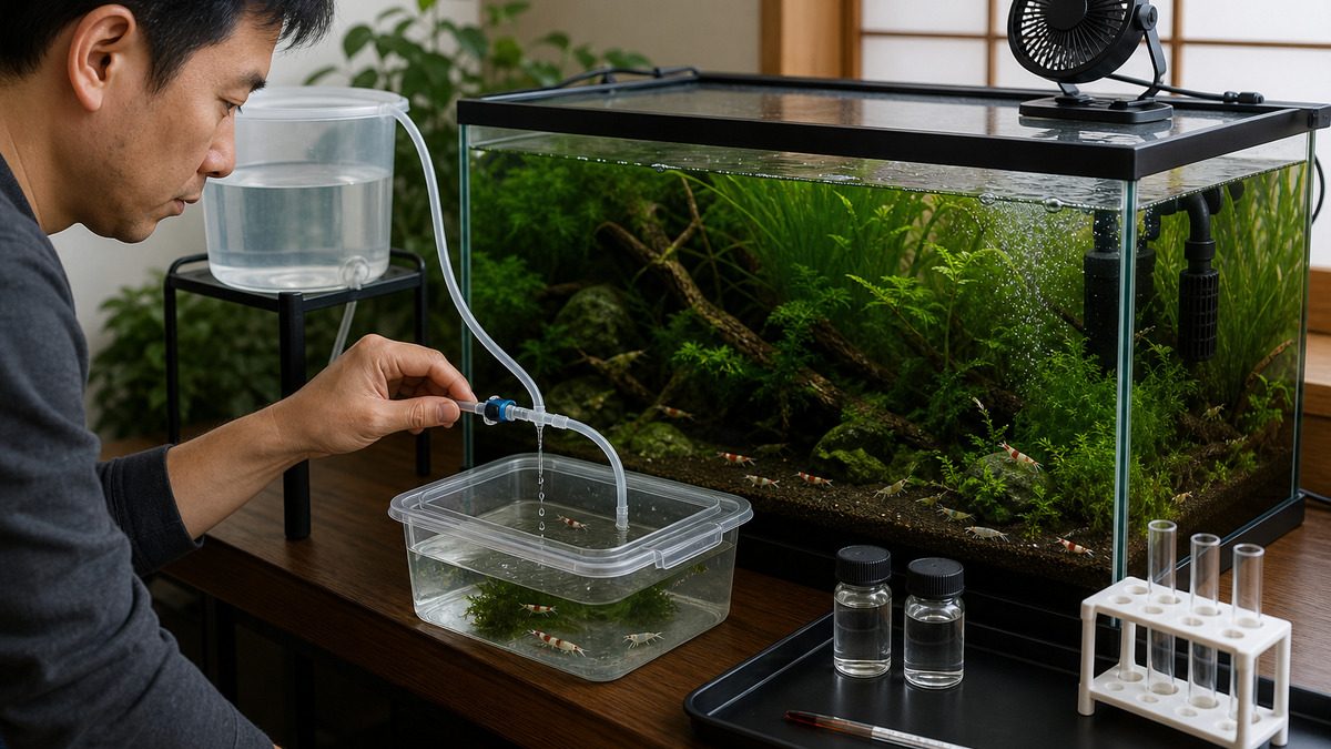準備水を点滴で少しずつ観察容器へ加え、成熟水槽の水流・酸素・採水結果と合わせて確認する様子