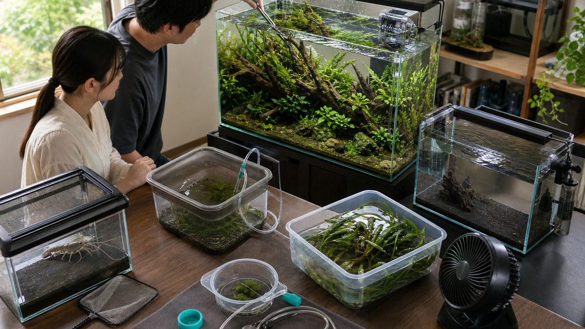 成熟水槽を中心に、新規水槽の待機、点滴式水合わせ、水草の別処理、冷却、未知のエビの隔離を行う様子