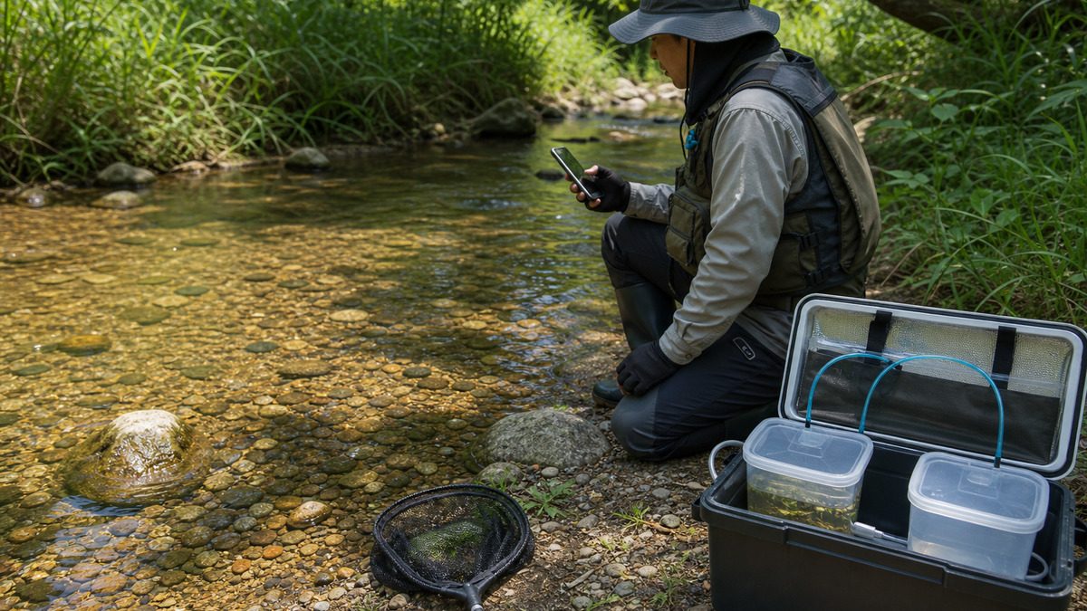 浅い小川の岸で大人が規則を確認し、網を置いたまま少数のエビをフタ付き別容器と携帯エアで観察する様子