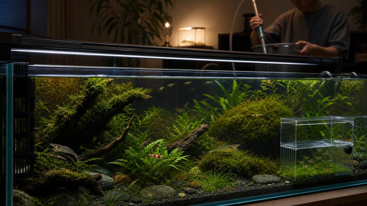 小型・大型・白斑のヌマエビと稚エビが、水草・隠れ家・安定した水流の中で暮らし、飼育者が少量換水する様子