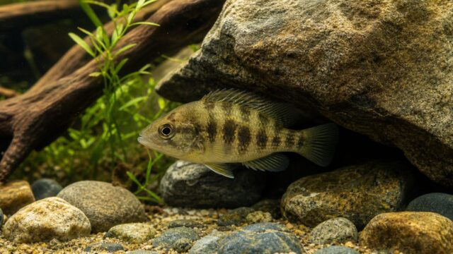 岩陰の水槽で泳ぐオヤニラミの飼育ガイド画像