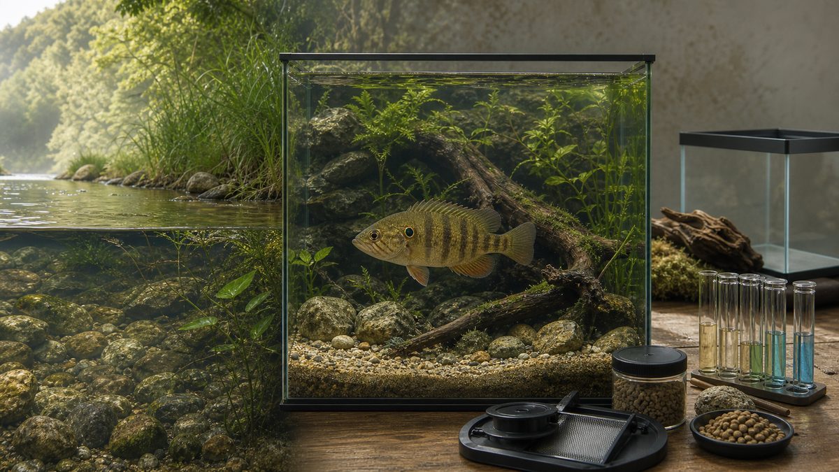 川の生息環境・単独飼育水槽・水質と餌の管理・予備水槽を連続した場面で示すまとめ