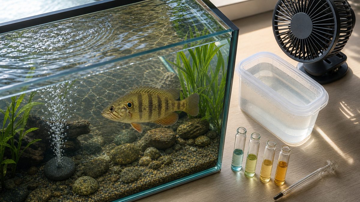 準備水・水質検査・温度確認・冷却・エアレーションでオヤニラミ水槽を管理する場面