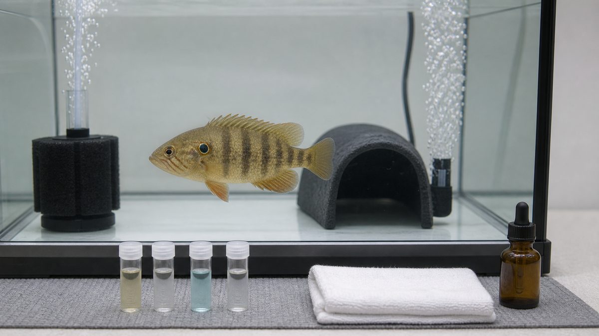 エアレーションとスポンジろ過を備えた隔離水槽でオヤニラミを観察する場面