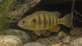 眼状紋のあるオヤニラミと岩・流木の隠れ家を備えた飼育水槽