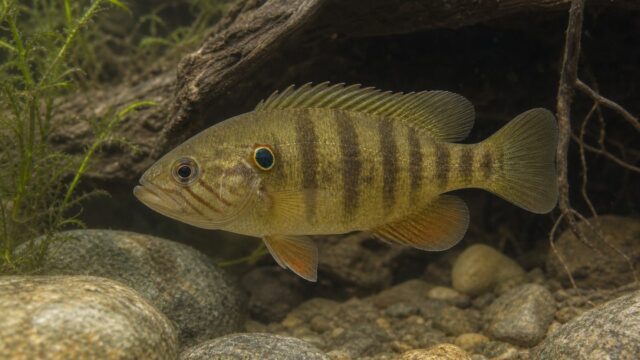 眼状紋のあるオヤニラミと岩・流木の隠れ家を備えた飼育水槽