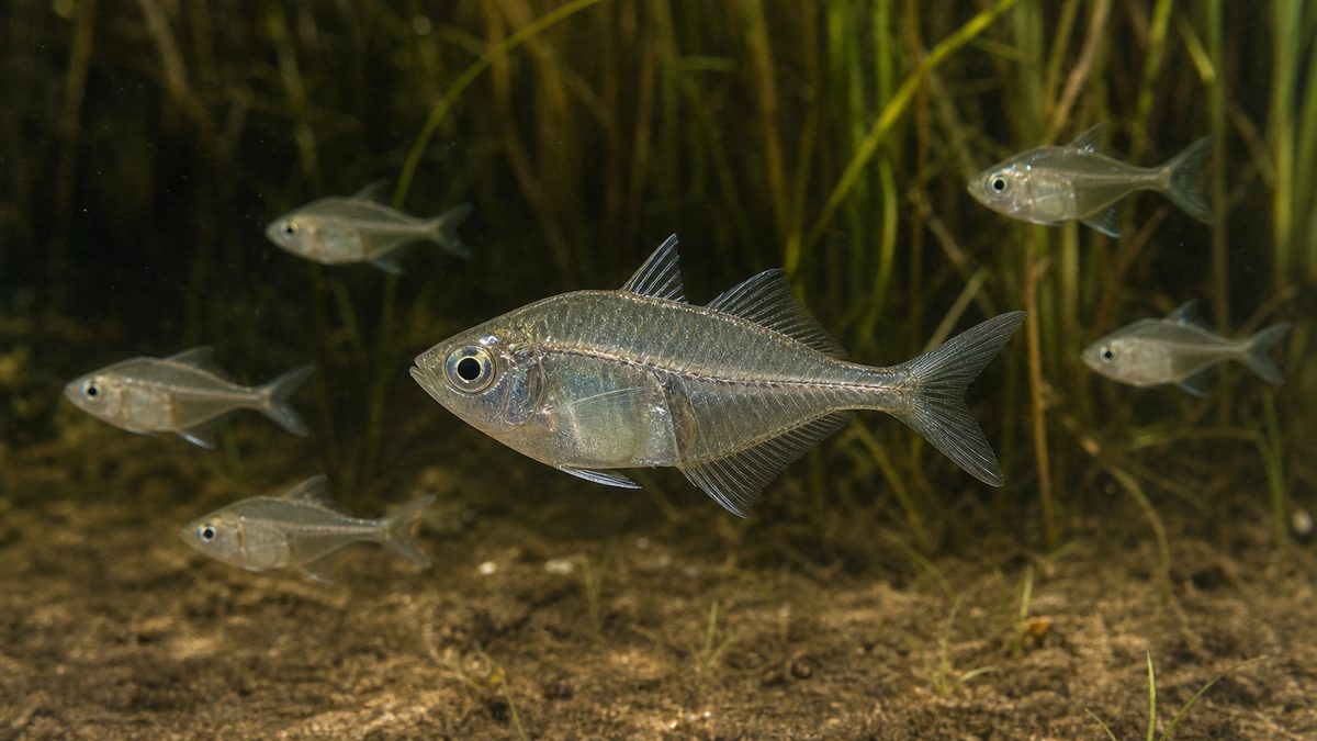 緩やかな湿地環境を群れで泳ぐ透明なインディアングラスフィッシュ