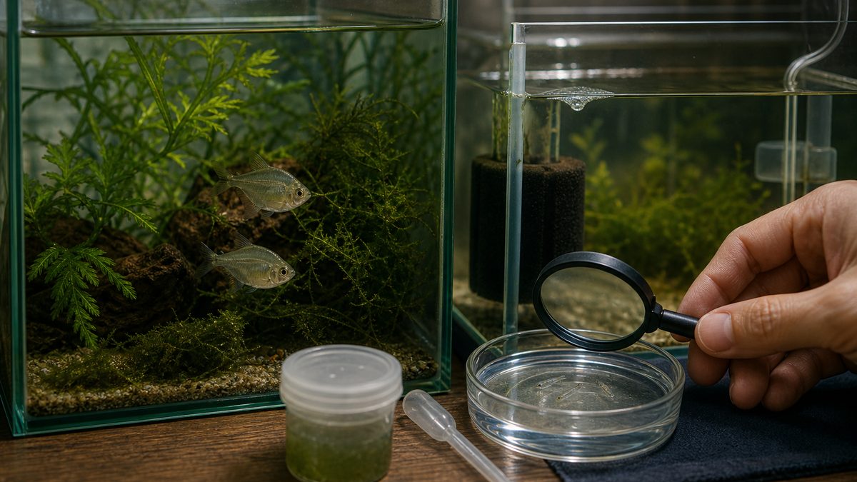 成魚ペアの水草水槽と微小な仔魚を観察する別の育成水槽