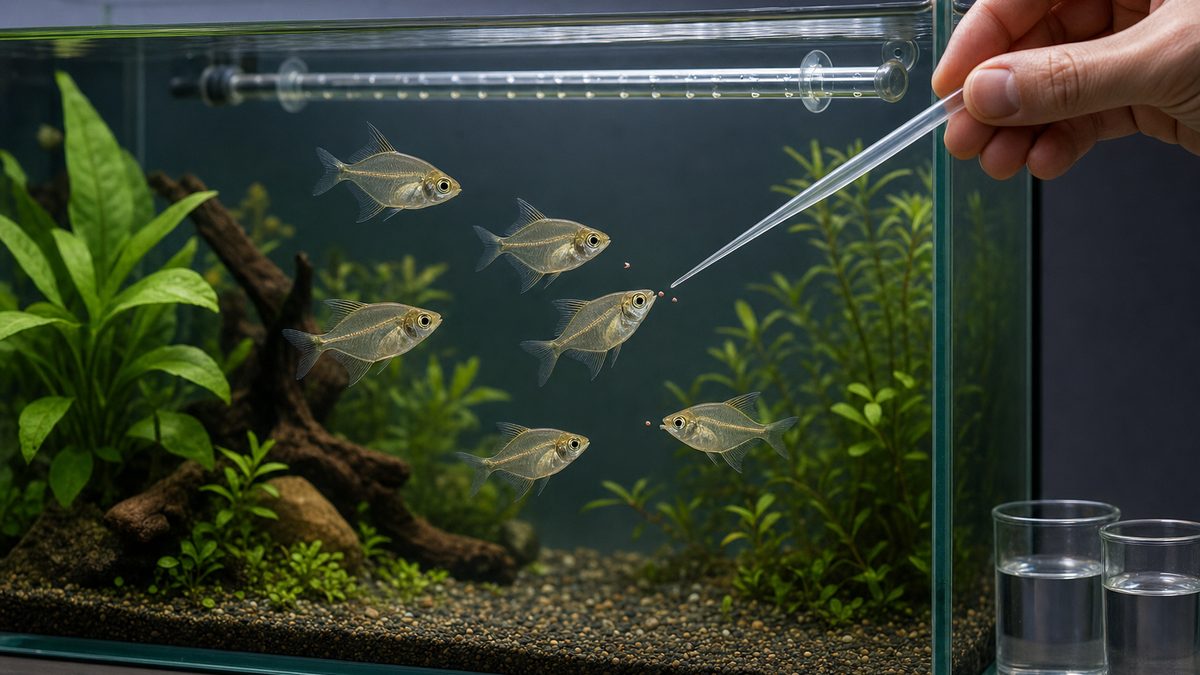 弱い水流の水草水槽で小さな餌を食べる様子を観察するグラスフィッシュ