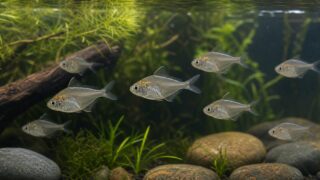 水草水槽の中層を群泳する自然色のインディアングラスフィッシュ