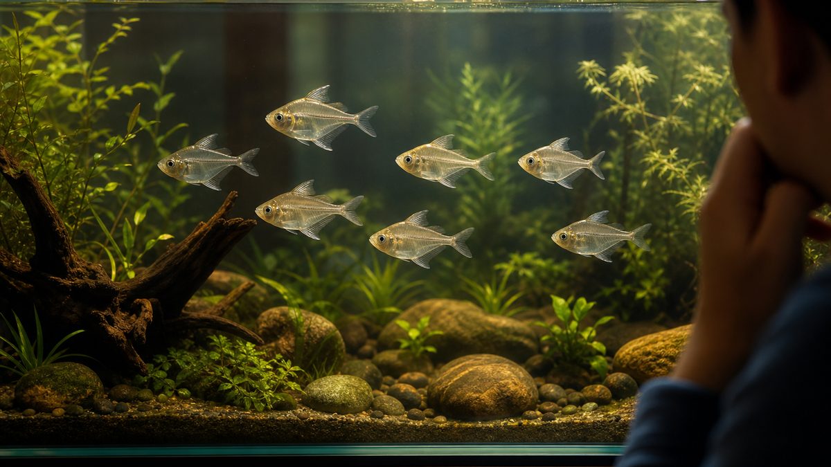 成熟した水草水槽で自然な飴色を帯びて群泳するインディアングラスフィッシュ